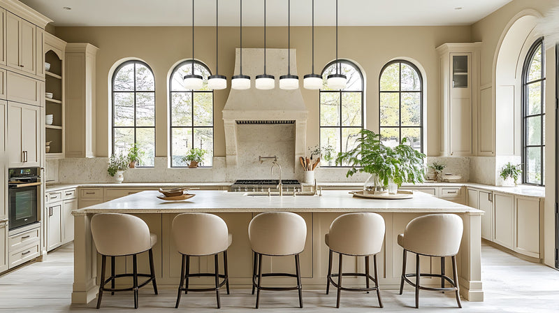 Renaud 7 Light 58.75" Linear Pendant in Matte Black in a room setting