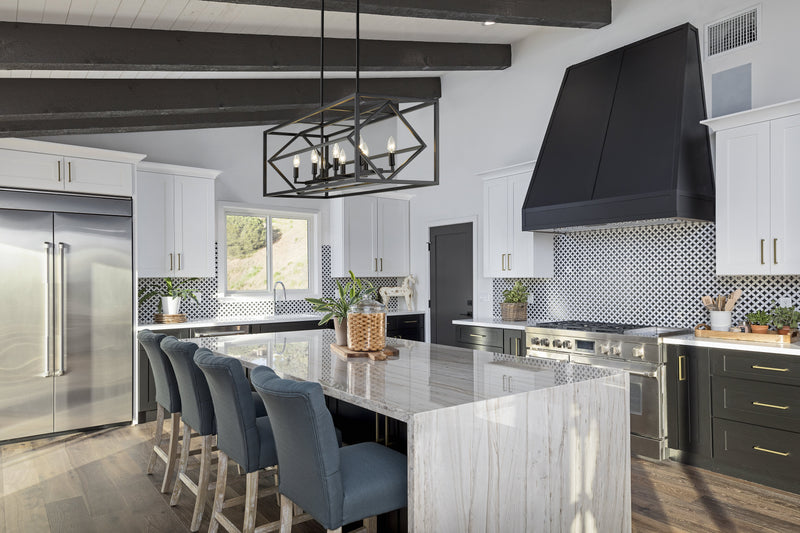 Euclid 8 Light 44" Linear Pendant in Matte Black in a room setting