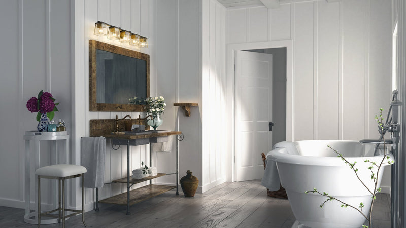 Bleeker Street 5 Light 42.5" Vanity in Matte Black + Olde Brass in a room setting