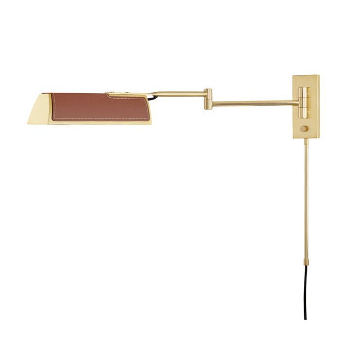 Holtsville 1 Light Swing Arm Wall Sconce with Saddle Leather in Aged Brass