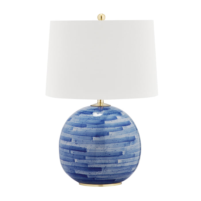 Laurel 1 Light Table Lamp in Aged Brass/Blue with White Belgian Linen Shade
