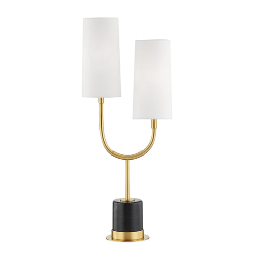Vesper 2 Light Marble Table Lamp in Aged Brass with White Linen Shade