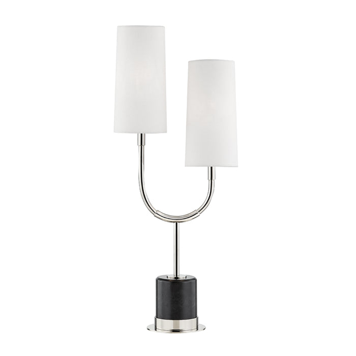 Vesper 2 Light Marble Table Lamp in Polished Nickel with White Linen Shade