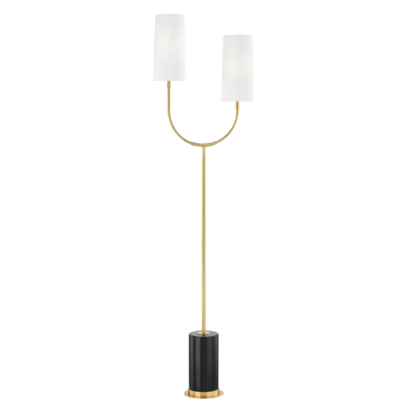 Vesper 2 Light Marble Floor Lamp in Aged Brass with White Linen Shade
