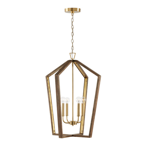 Maren Four Light Pendant in Nordic Wood and Matte Brass