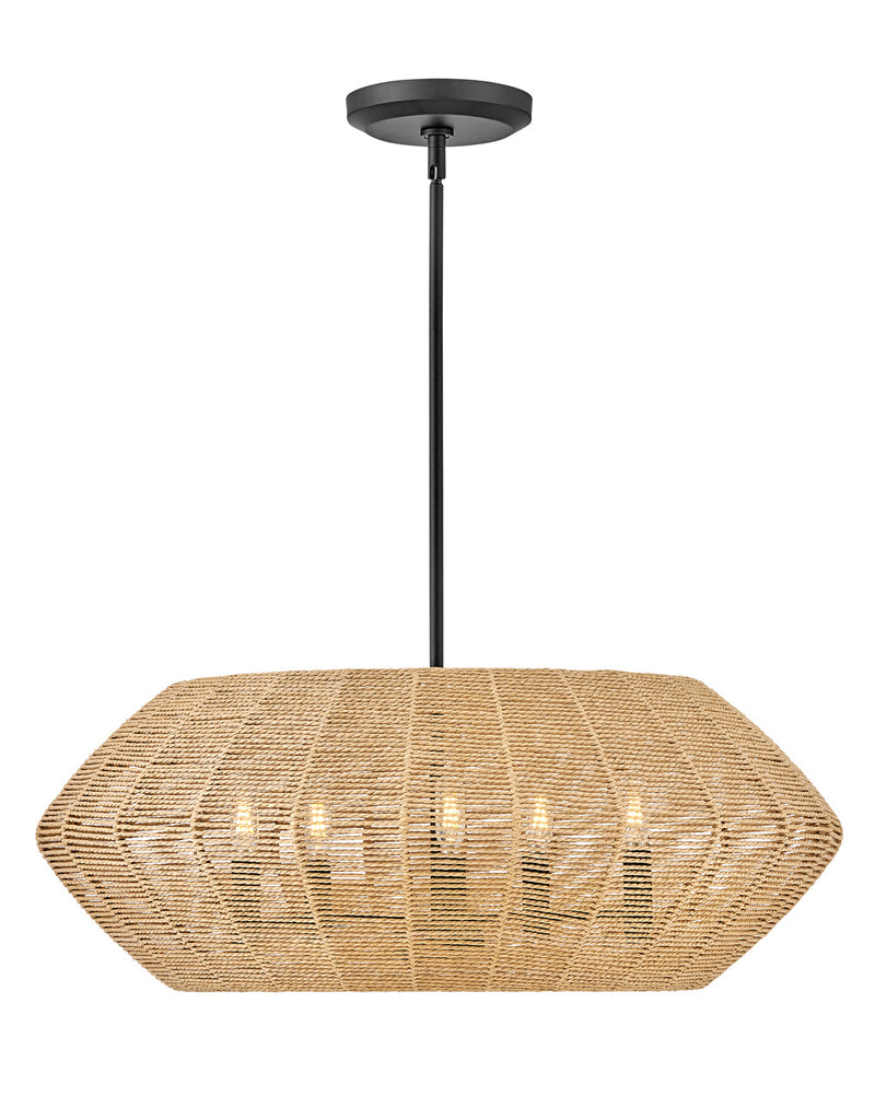 Luca Five Light Pendant in Black with Camel Rattan shade by Hinkley Lighting