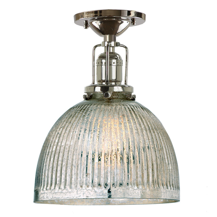 Central Park 1-Light Ceiling Mount with 7" Glass Shade in Polished Nickel with Mercury Ribbed Glass