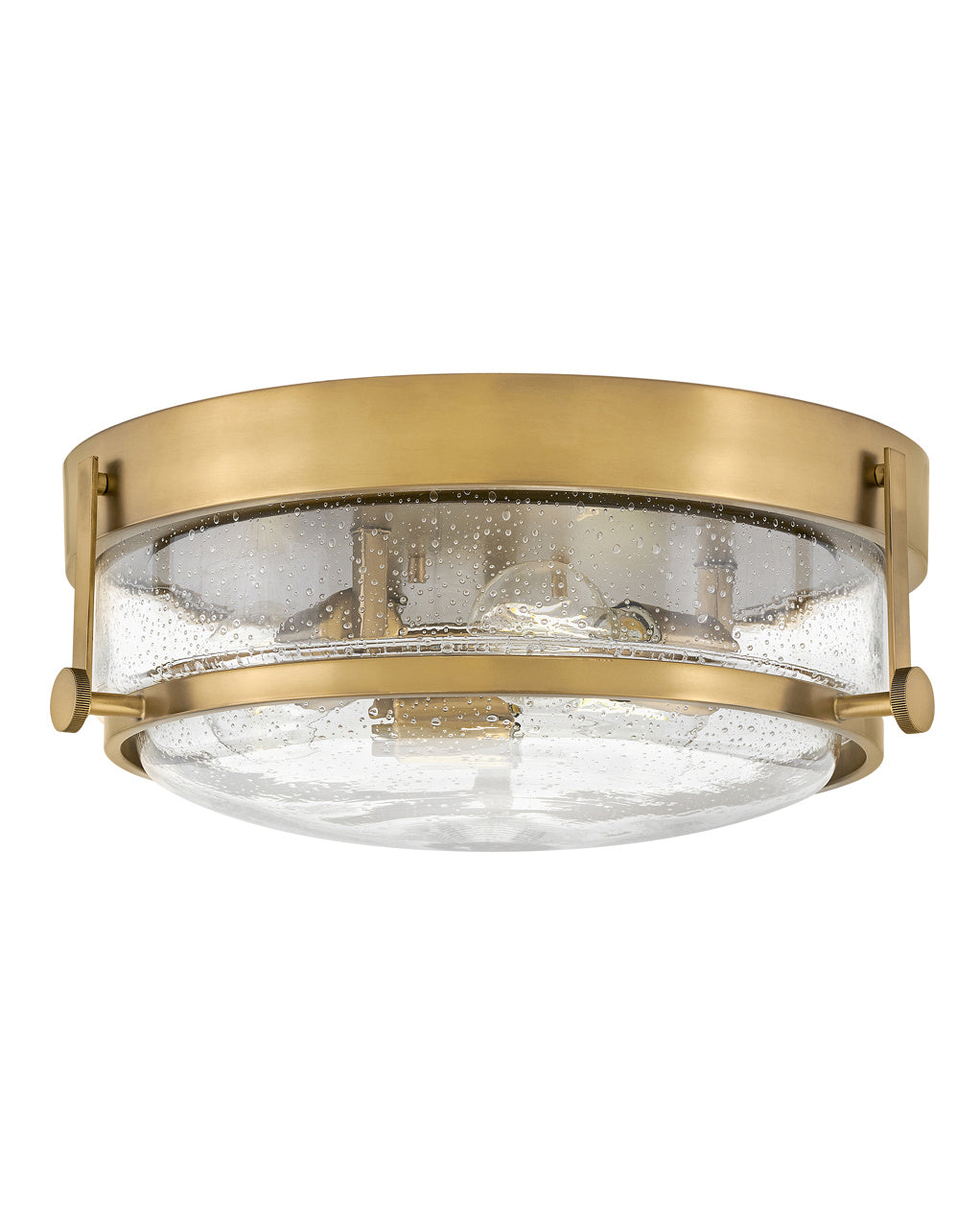 Harper LED Flush Mount in Heritage Brass with Clear Seedy glass