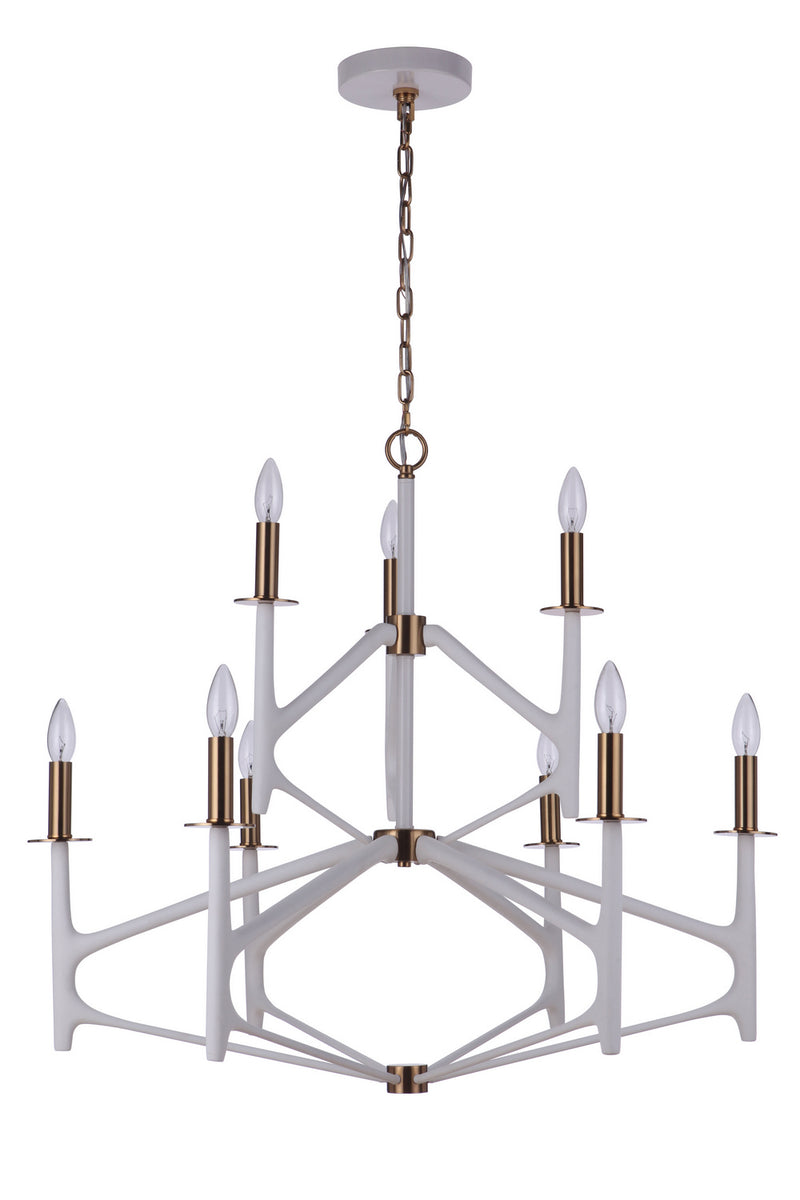 The Reserve Nine Light Chandelier in Matte White / Satin Brass