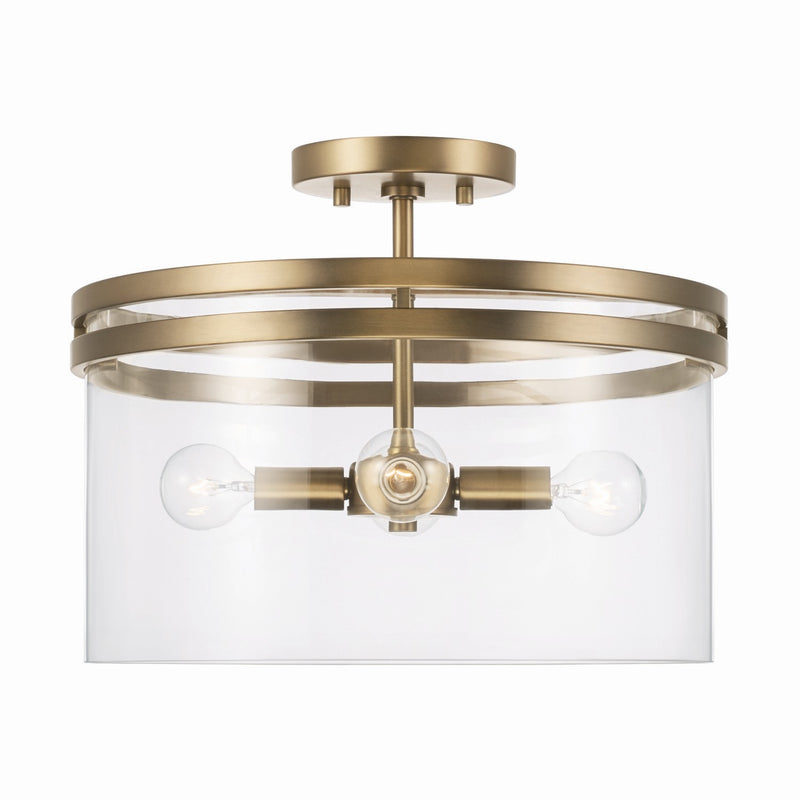 Fuller Four Light Semi-Flush Mount in Aged Brass