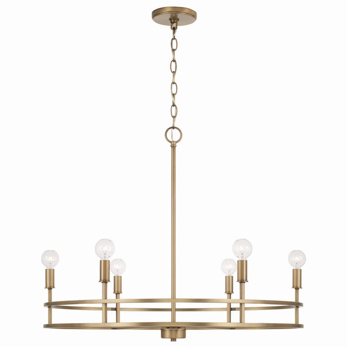 Fuller Six Light Chandelier in Aged Brass