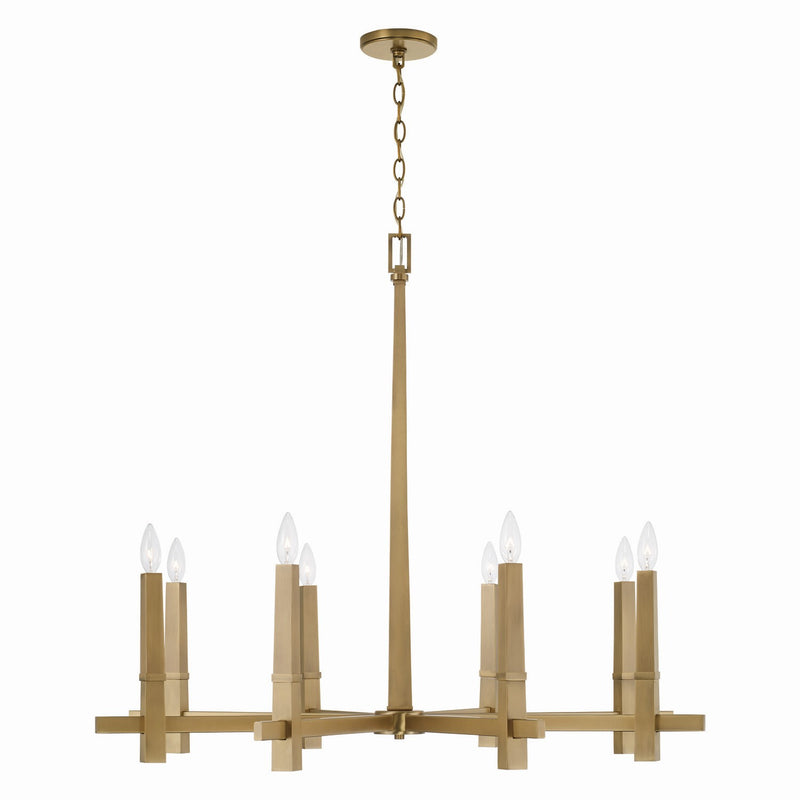 Blake Eight Light Chandelier in Aged Brass