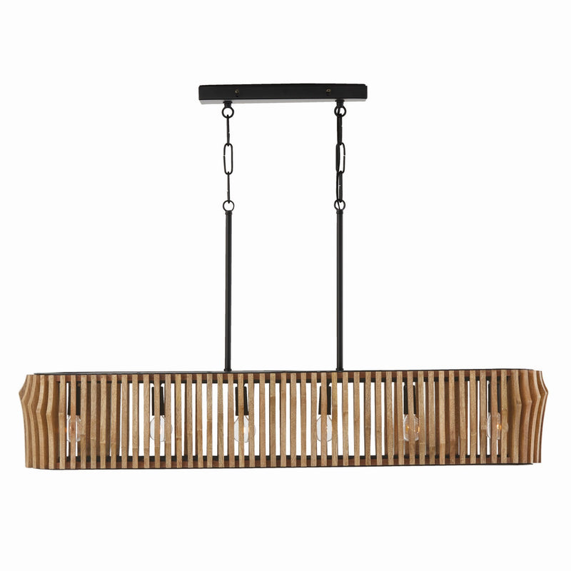 Archer Six Light Island Pendant in Light Wood and Matte Black