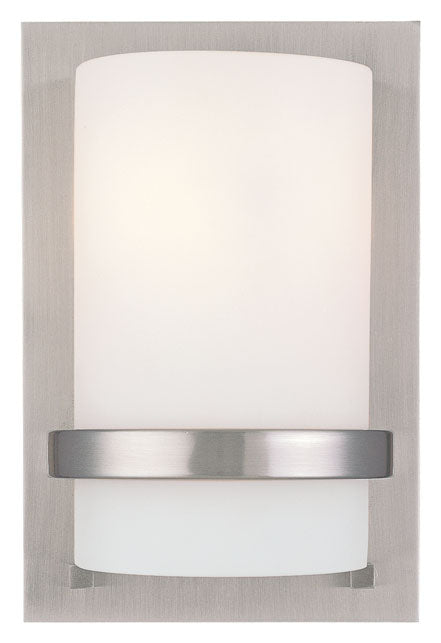 Fieldale Lodge 1-Light Wall Sconce in Brushed Nickel & Etched White Glass