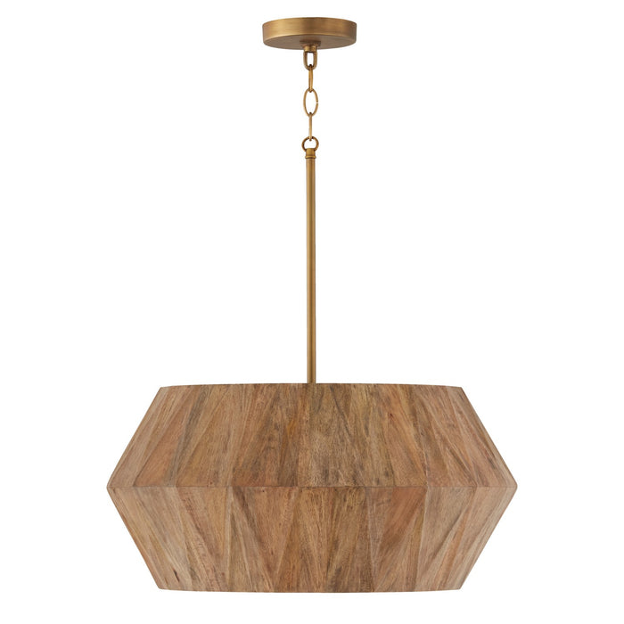 Nadeau Four Light Pendant in Light Wood and Patinaed Brass