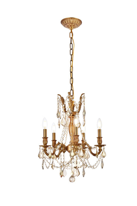 Rosalia 5-Light Pendant in French Gold with Golden Teak (Smoky) Royal Cut Crystal