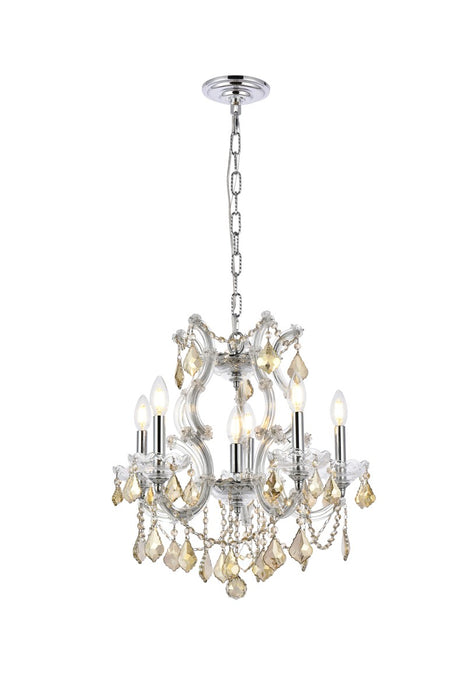 Maria Theresa 6-Light Pendant in Chrome with Golden Teak (Smoky) Royal Cut Crystal