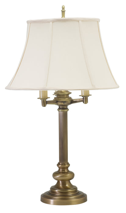 Newport 30 Inch Antique Brass Six-Way Table Lamp with Off-White Linen Softback Shade