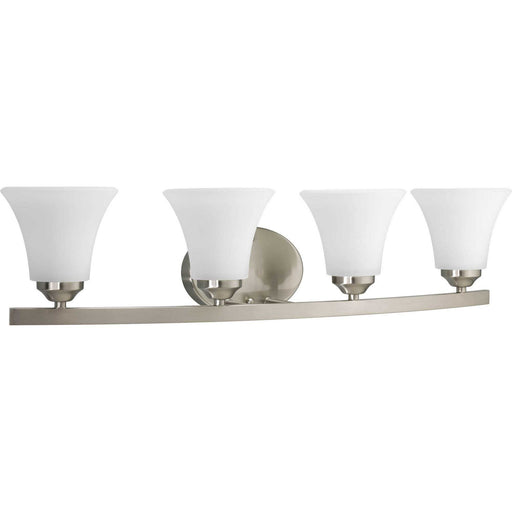 Adorn 4-Light Bath & Vanity Lighting in Brushed Nickel with Etched White Glass