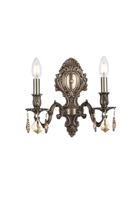 Monarch 2-Light Wall Sconce in Pewter with Golden Teak (Smoky) Royal Cut Crystal