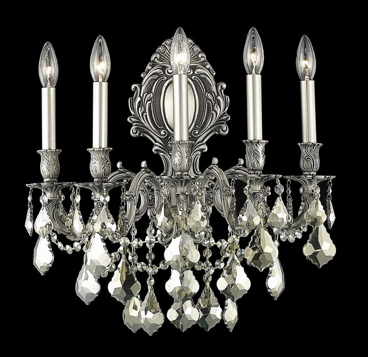 Monarch 5-Light Wall Sconce in Pewter with Golden Teak (Smoky) Royal Cut Crystal