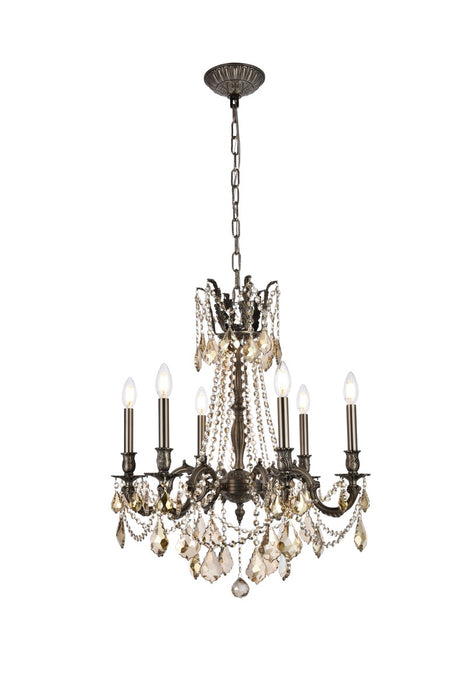 Rosalia 6-Light Chandelier in Pewter with Golden Teak (Smoky) Royal Cut Crystal