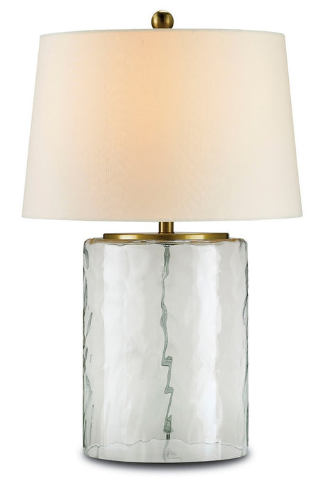 Oscar 1 Light Table Lamp in Clear & Brass with Off White Shantung Shade