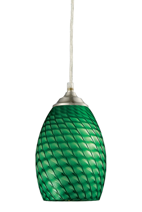 Jazz 1 Light Mini Pendant in Brushed Nickel with Green Glass