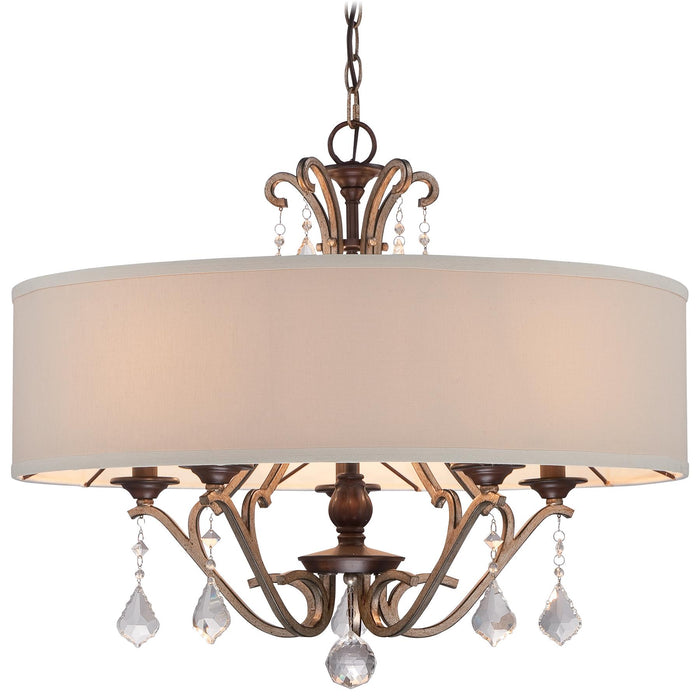 Gwendolyn Place 5-Light Pendant in Dark Rubbed Sienna with Aged Silver with Oatmeal Linen Fabric Shade - Lamps Expo