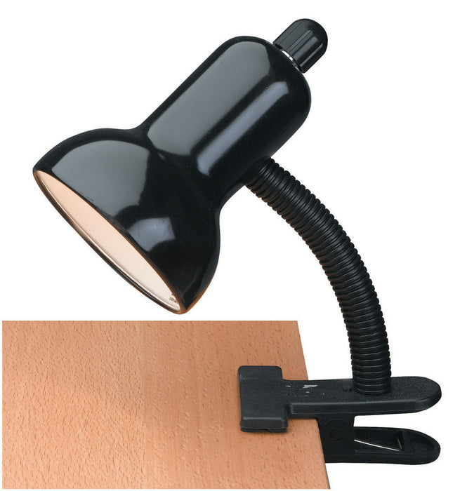 Gooseneck Clip On Desk Lamp in Black, E27, CFL 13W