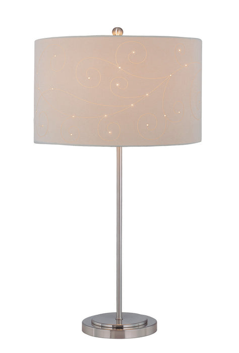 Pomada Table Lamp in Polished Steel with Beige Laser Cut Microfiber Shade, E27, CFL 25 with 3-Way