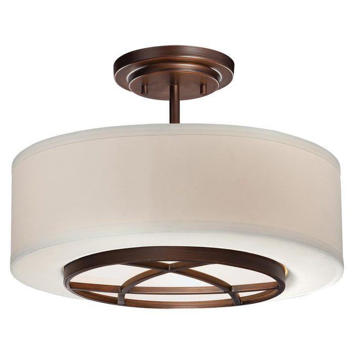 City Club 3-Light Semi-Flush Mount in Dark Brushed Bronze (Painted) with Glass & Fabric Shade - Lamps Expo
