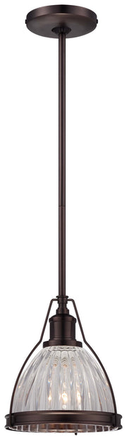 1-Light Mini-Pendant in Dark Brushed Bronze (Plated) & Ribbed Clear Glass