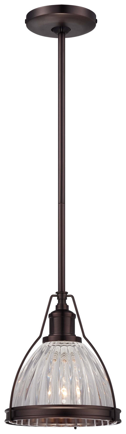 1-Light Mini-Pendant in Dark Brushed Bronze (Plated) & Ribbed Clear Glass