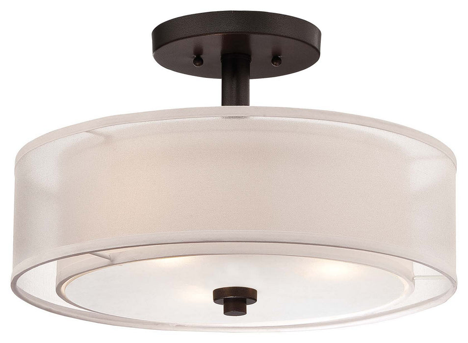Parsons Studio 3-Light Semi-Flush Mount in Smoked Iron with Translucent Silver Linen & Off-White Linen Inner Shade
