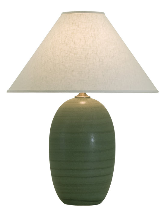 Scatchard 28.5 Inch Stoneware Table Lamp Green Matte with Cream Linen Hardback