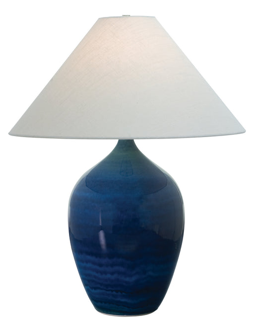 Scatchard 29 Inch Stoneware Table Lamp in Blue Gloss with Cream Linen Hardback