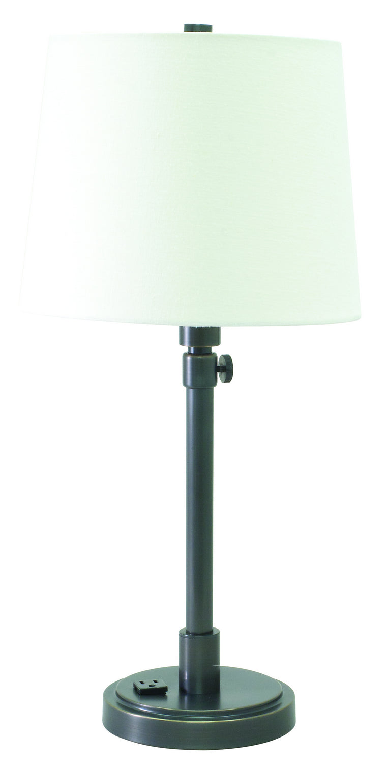 Townhouse Adjustable Table Lamp in Oil Rubbed Bronze with Convenience Outlet with Off-White Linen Hardback