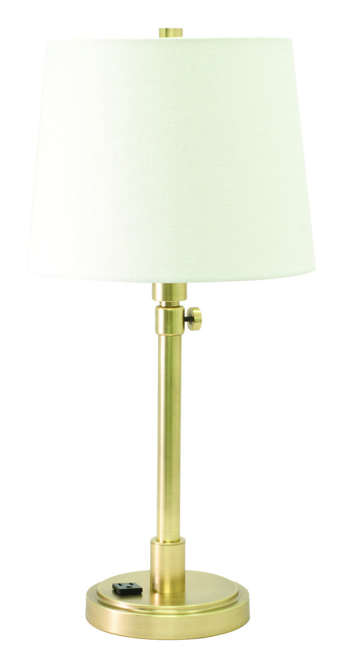 Townhouse Adjustable Table Lamp in Raw Brass with Convenience Outlet with Off-White Linen Hardback