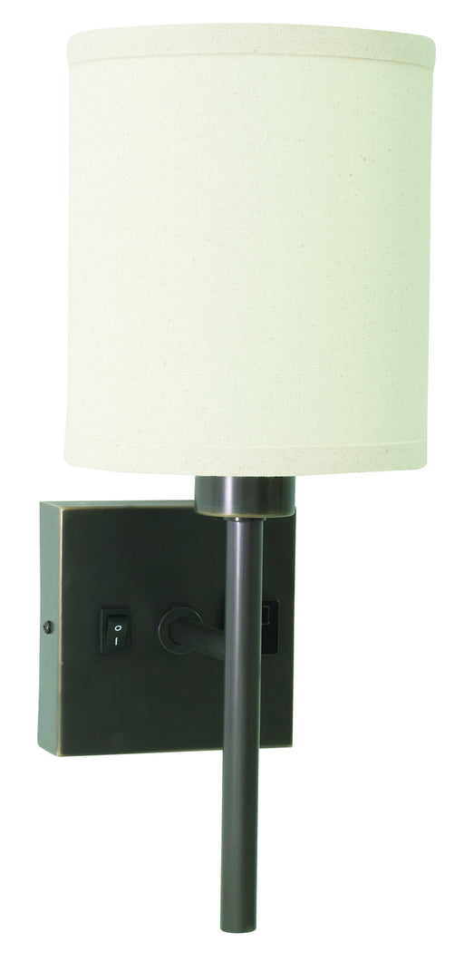 Wall Lamp In Oil Rubbed Bronze With Convenience Outlet with Off-White Linen Hardback