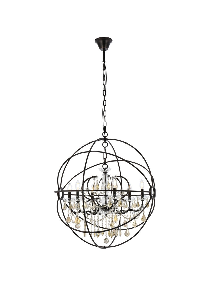Geneva 6-Light Chandelier in Dark Bronze with Golden Teak (Smoky) Royal Cut Crystal