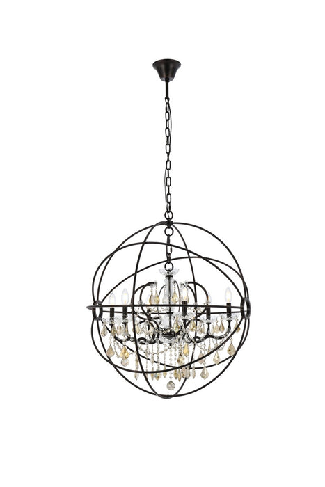 Geneva 6-Light Chandelier in Dark Bronze with Golden Teak (Smoky) Royal Cut Crystal