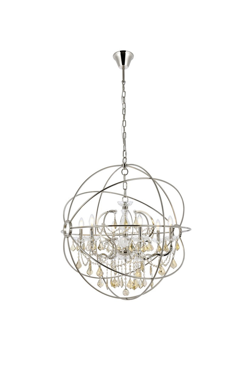 Geneva 6-Light Chandelier in Polished Nickel with Golden Teak (Smoky) Royal Cut Crystal