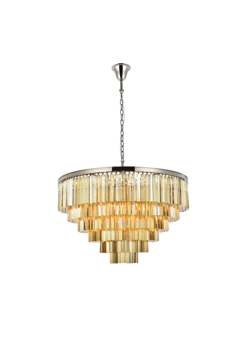 Sydney 33-Light Chandelier in Polished Nickel with Golden Teak (Smoky) Royal Cut Crystal
