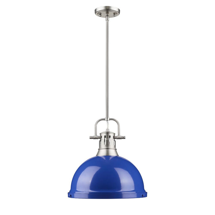 Duncan 1 Light Pendant with Rod in Pewter with a Blue Shade