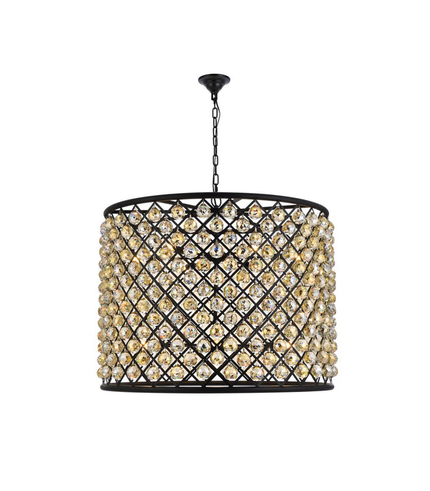 Madison 12-Light Chandelier in Matte Black with Golden Teak (Smoky) Royal Cut Crystal