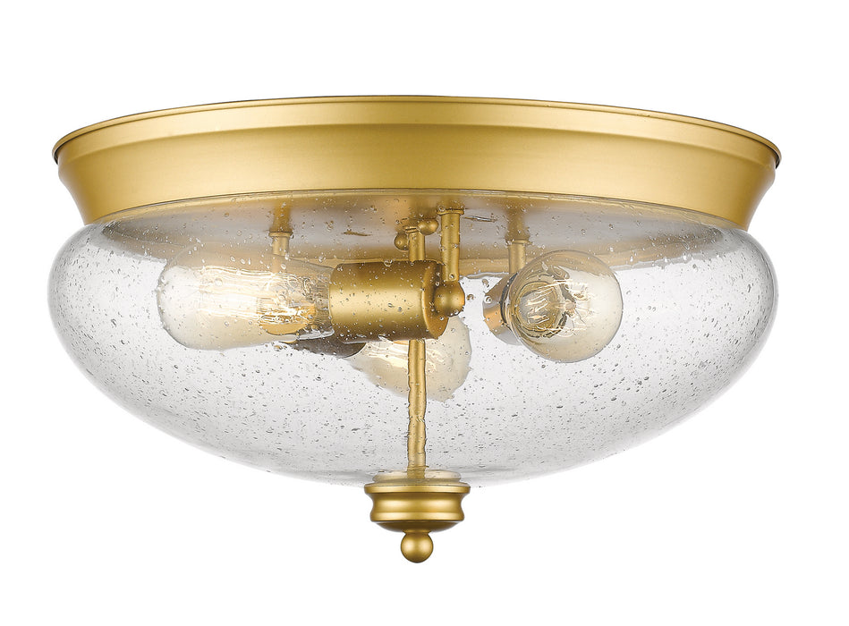 Amon 3 Light Flush Mount in Satin Gold with Clear Seedy Glass