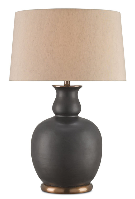 Ultimo 1 Light Table Lamp in Matte Black & Antique Brass with Beige Poplin Shade