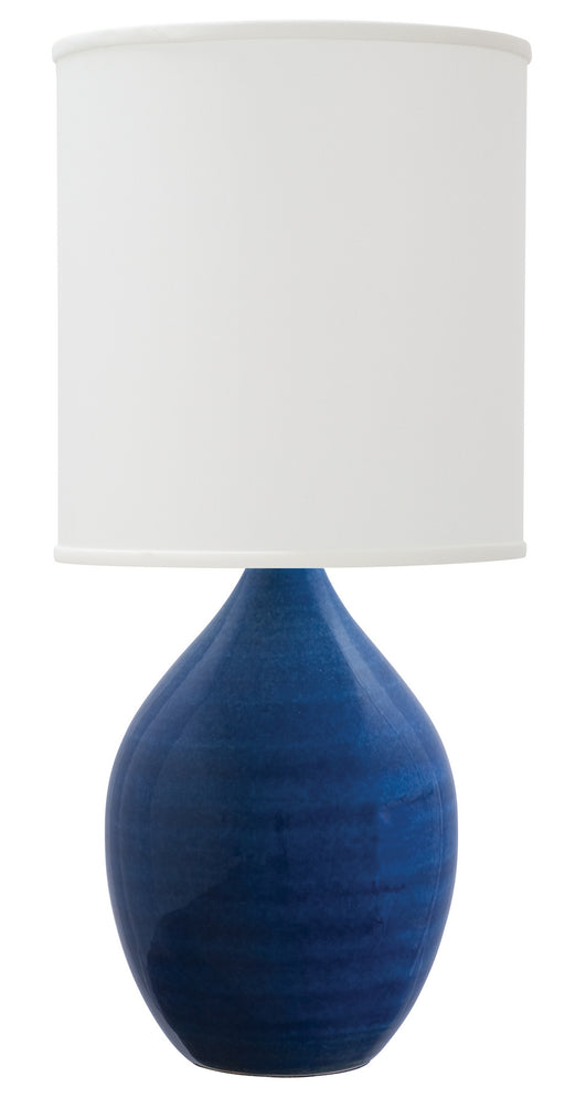 Scatchard 30 Inch Stoneware Table Lamp in Blue Gloss with White Linen Hardback