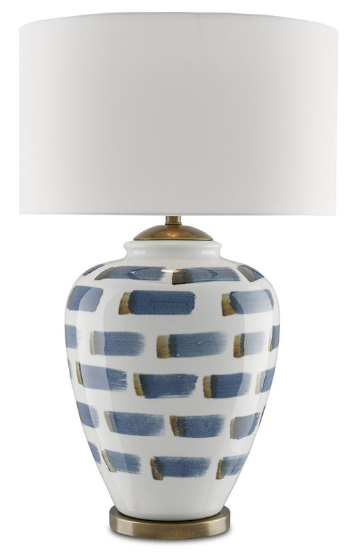Brushstroke 1 Light Table Lamp in White & Blue & Antique Brass with White Linen Shade